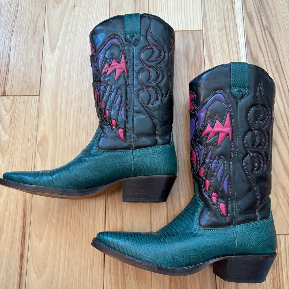 Vintage Nine West Navarra Green Leather Western Cowboy Boots - Picture 9 of 14